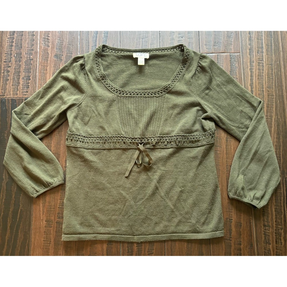 Ann Taylor LOFT Army Green Baby Doll Sweater Womens L Cashmere Blend Y2K